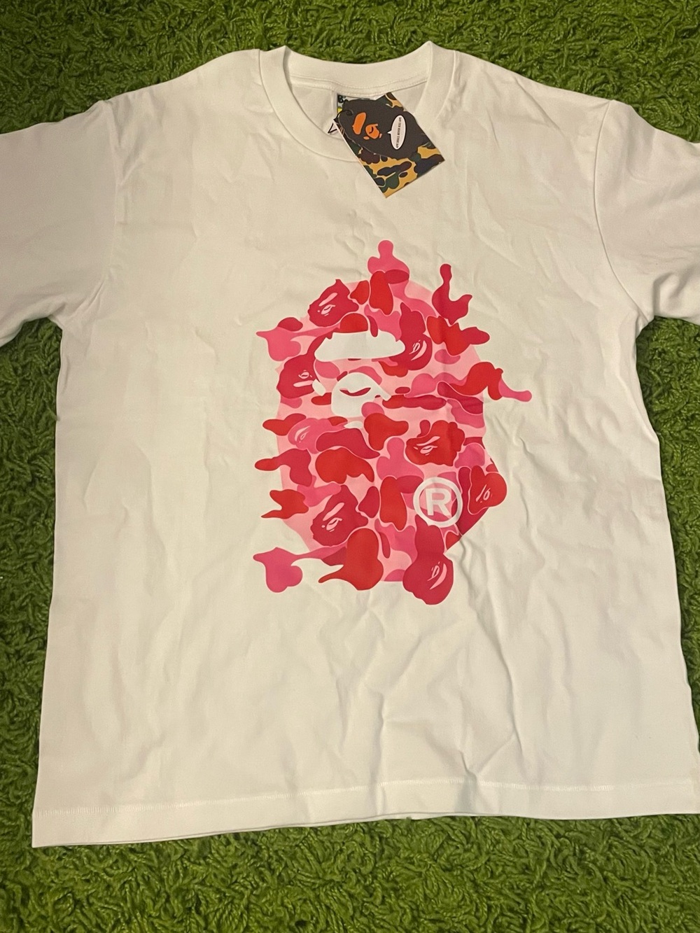 Bape White Tee with Pink & Red Camo Ape Head Graphic